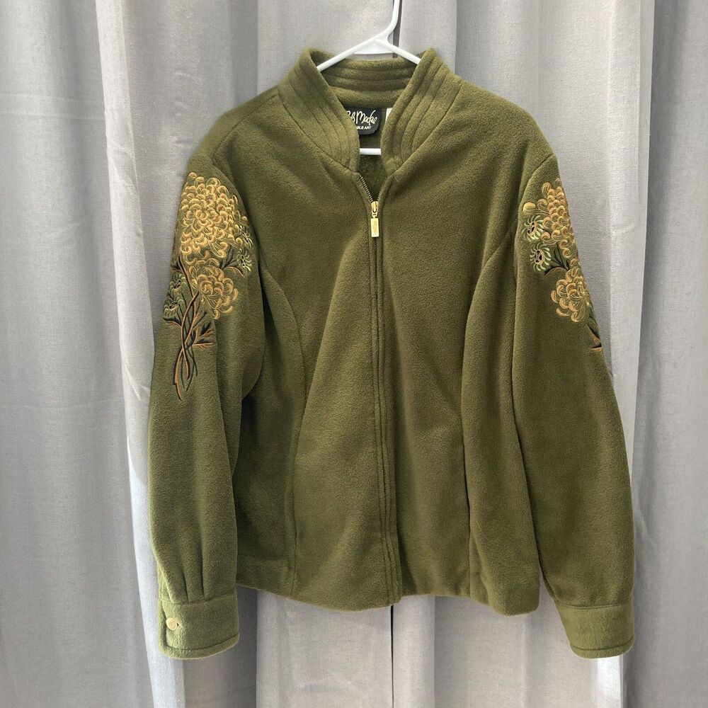 Bob Mackie Wearable Art Fleece Jacket Green Embroidered Floral Size Large